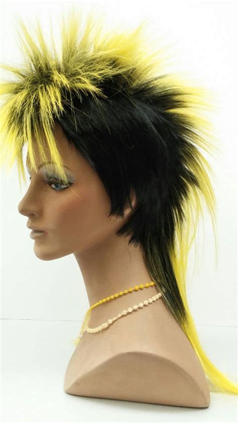 black and yellow mohawk wig unisex punk rock wig costume wig etsy rock hairstyles wigs