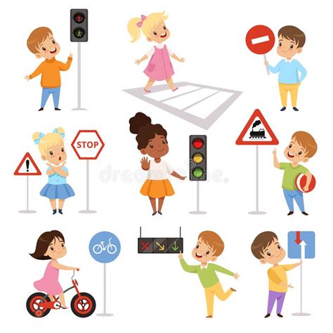 Cute Smiling Boys And Girls Child Learning Rules Of Road Set Traffic