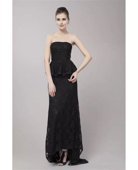 Elegant Black Strapless Lace Long Evening Dress With Sweep Train Ck88