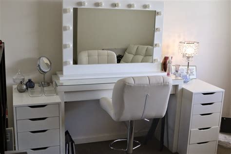 | ikea's alex drawer units is a huge fave vanity setup for youtube makeup vloggers and beauty bloggers. ROGUE Hair Extensions: IKEA MAKEUP VANITY & HOLLYWOOD LIGHTS!