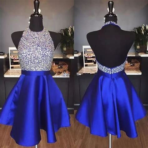 2019 Royal Blue Sparkly Homecoming Dresses A Line Hater Backless Bead