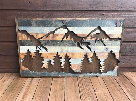 Large Rustic Mountains And Trees Silhouette Wood Wall Art Etsy Etsy