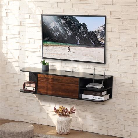 Fitueyes Wall Mounted Media Console With Door Floating Tv Stand Walnut