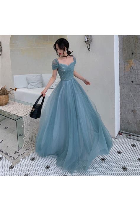 dusty blue tulle pleated simple prom dress with cap sleeves 109 89 am79101