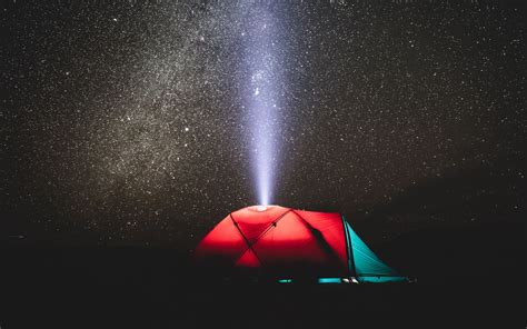 Download Wallpaper 3840x2400 Tent Night Starry Sky Light Beam