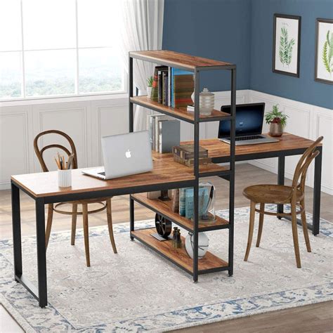 Tribesigns 90 Inches Double Computer Desk With Bookshelf