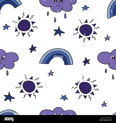 Lovely Seamless Pattern With The Hand Drawn Sun Clouds Rainbows And
