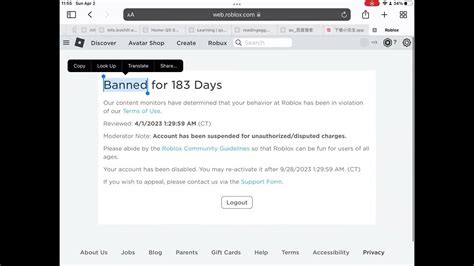 I Got Banned From Roblox For 183 Days 😱 Youtube