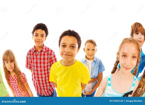 Kids Stand Together Boys And Girls Look Up Stock Photo Image Of