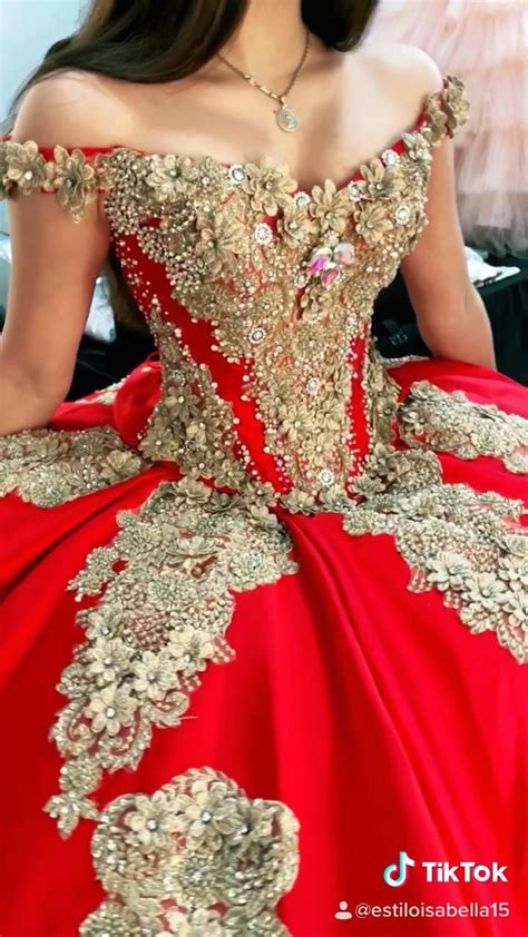 Red And Gold Off Shoulder Quinceanera Ball Gown Video Vestidos