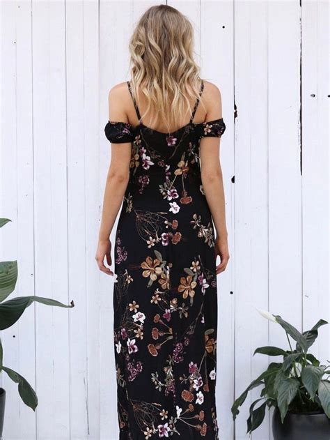Pretty Floral Black Deep V Neck Off Shoulder Side Split Maxi Dress M