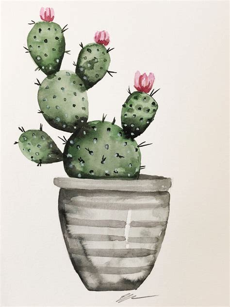 Cactus In Gray Pot Original Watercolor Painting Ellencrimitrent