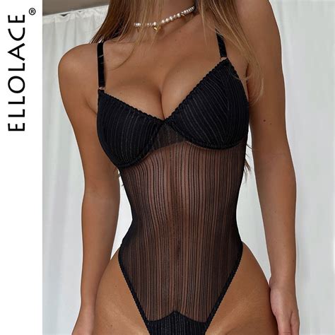 Ellolace Lace Bodysuit Women See Through Skinny Body Uncensored Lingerie Crotchless Sexy Top