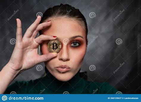 Beautiful Woman Holding A Bitcoin Stock Image Image Of Banking Gold
