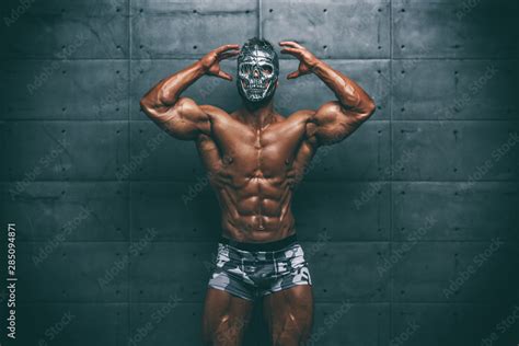 Mysterious Muscular Man Hiding Behind Mask Flexing Muscles Bodybuilder