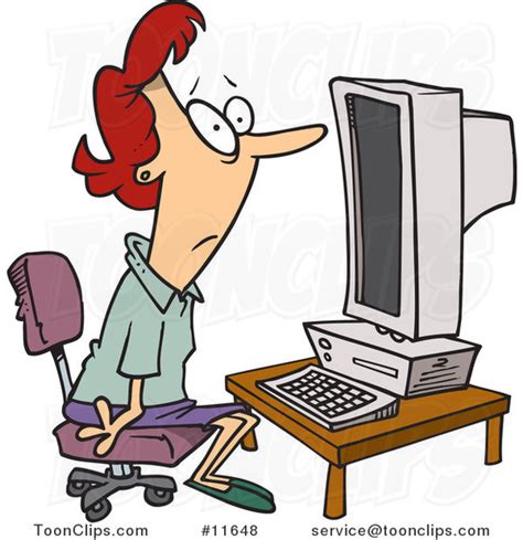 Cartoon Computer Illiterate Lady Sitting In Front Of A Desktop Pc