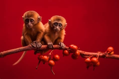 Premium Ai Image Two Monkeys On A Branch With Red Background