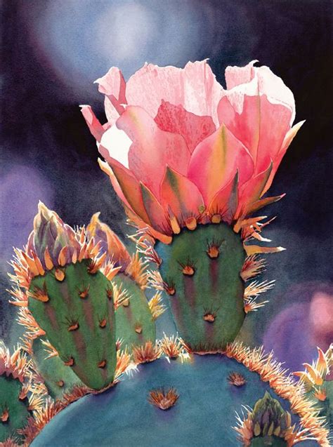 Two Pink Flowers Are On Top Of A Green Cactus In The Desert With Dark