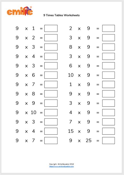 9 Times Table Free Worksheet
