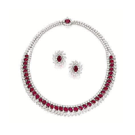 Ruby And Diamond Necklace And Pair Of Matching Earrings