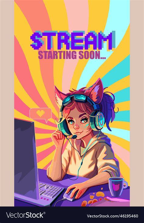 Girl Gamer Or Streamer With Cat Ears Headset Sits Vector Image