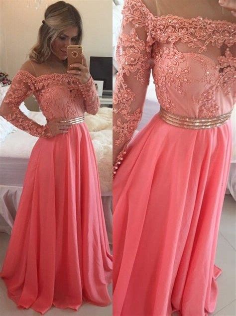 A Line Illusion Jewel Long Sleeves Coral Chiffon Prom Dress With