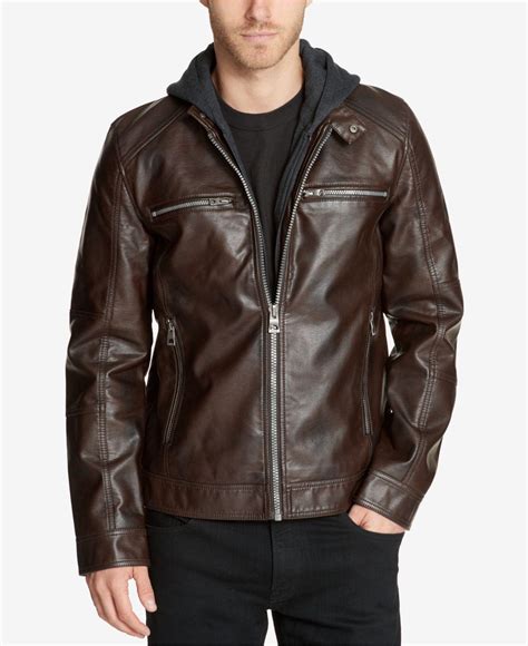 Guess Mens Faux Leather Detachable Hood Motorcycle Jacket In Dark