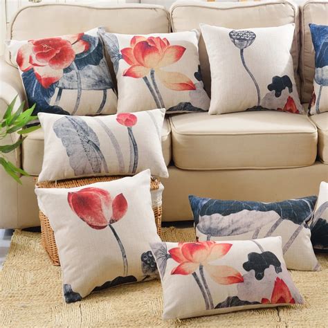 Decorative Throw Pillows Case Vintage Style Ink Painting Lotus Flower