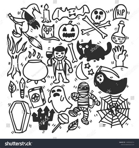 Set Cute Halloween Sketch Doodle Drawing Stock Vector Royalty Free