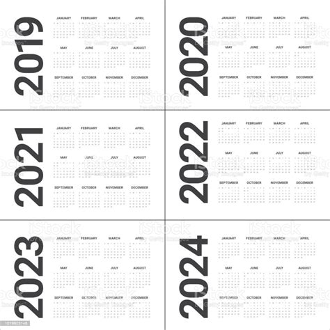 Free printable 2024 calendar in pdf format. Year 2019 2020 2021 2022 2023 2024 Calendar Vector Design Template Stock Illustration - Download ...