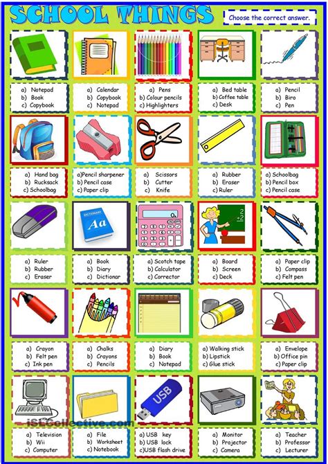 School Things Multiple Choice Activity English Lessons For Kids