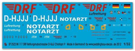 Die bk 117 ist ein hubschraubertyp, der in der rettungsfliegerei wie auch in diversen anderen bereichen der luftfahrt seit jahren erfolgreich im einsatz ist. Peddinghaus Decals - Peddinghaus 1/32 2522 BK 117 DRF ...