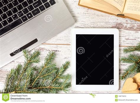 Computer Tablet Notebook Green Spruce Branch Stock Image Image Of