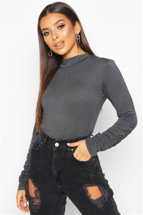 Ruched Sleeve High Neck Top Boohoo With Images High Neck Top