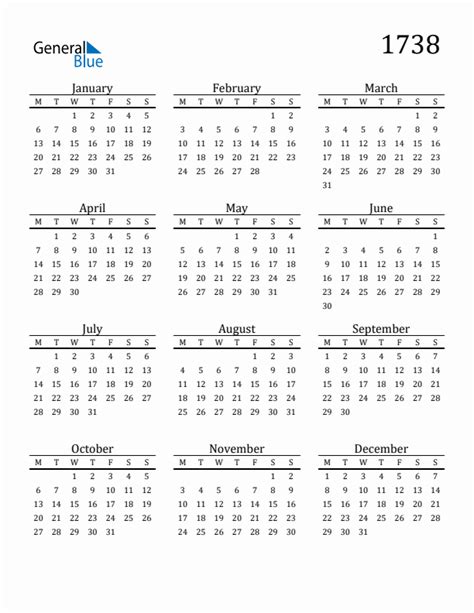 1738 Yearly Calendar Templates With Monday Start