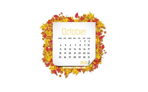 Download Wallpapers October 2021 Calendar 4k Autumn Leaves White