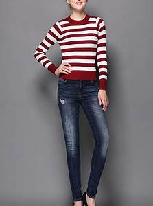 Womens Horizontal Striped Sweater Red White Rounded