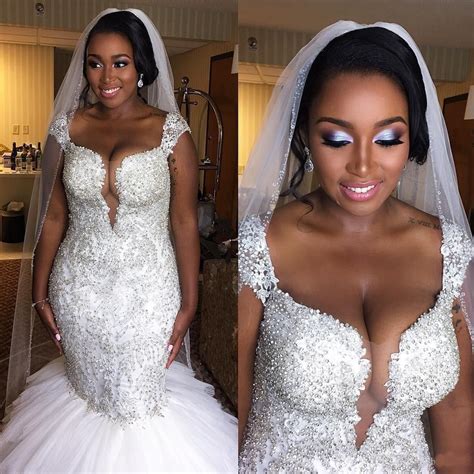 African Style Plus Size Mermaid Wedding Dresses 2018 Cap Sleeves Beaded Crystal Ruffled Tulle