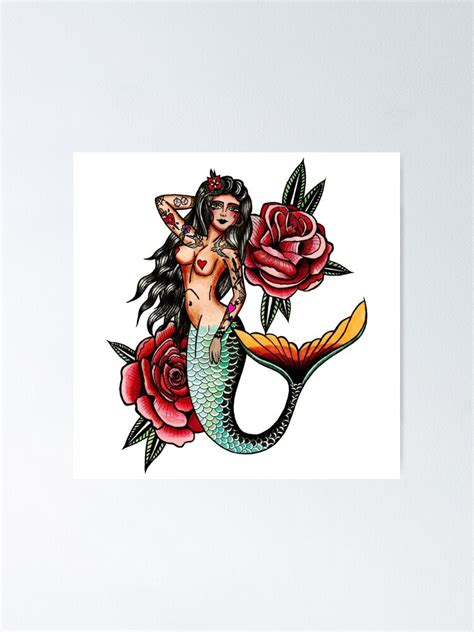 Poster Sirène tatouage traditionnel Mermiad Tatoo Flash Sheet