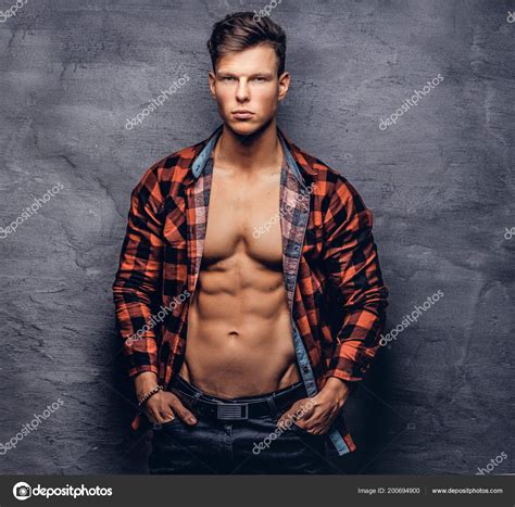 Sexy Guy Unbuttoned Fleece Shirt Posing Studio Isolated Dark Background