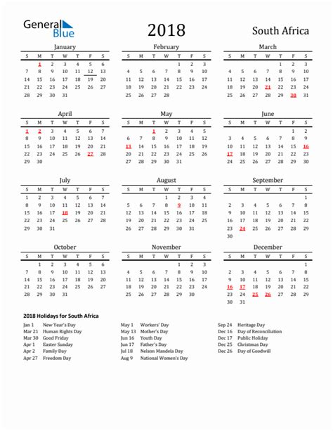 2018 South Africa Calendar With Holidays