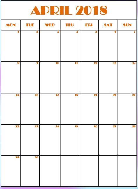 Editable April 2018 Vertical Calendar Vertical Calendar Calendar