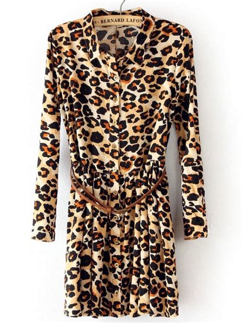 Leopard Long Sleeve Belt Pleated Chiffon Dress Shein Sheinside