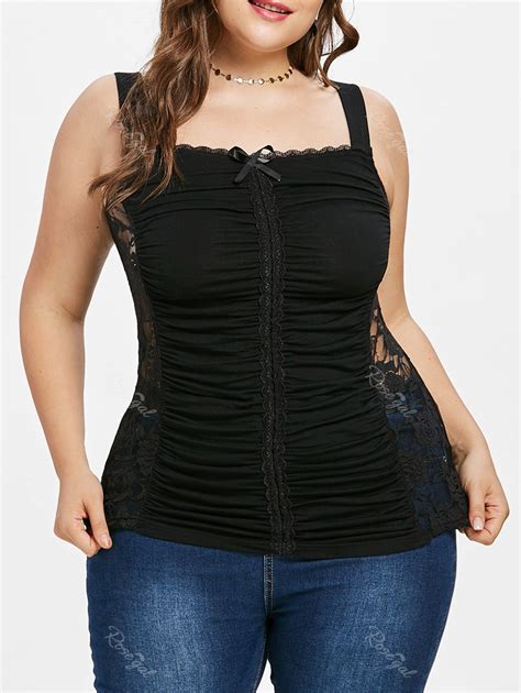 [34 off] plus size sheer lace trim ruched tank top rosegal