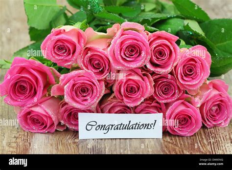 Congratulations Card With Pink Roses Bouquet With Glitter Stock Photo