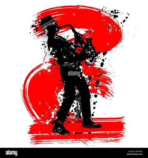 Black Grunge Saxophonist Silhouette With Ink Blots Stock Vector Image