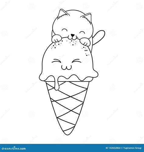 Cute Little Cat With Ice Cream Kawaii Character Stock Vector