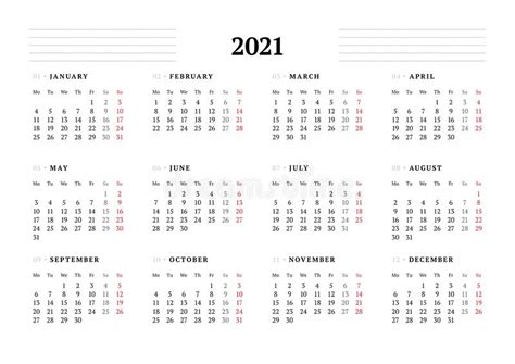 Calendar Template For 2021 Year Stationery Design Stock Illustration