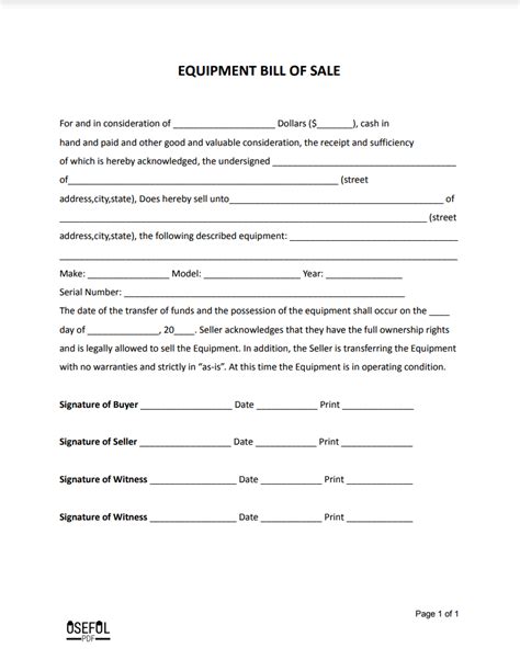 Free Equipment Bill Of Sale Form Template