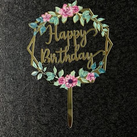 Floral Happy Birthday Acrylic Cake Topper Gold Style 2 Cake Toppers